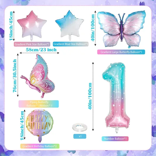 Vista 2 de Decoraciones de cumpleaños de mariposa, globos de mariposa, decoraciones de fiesta de primer cumpleaños para niñas, números de fantasía, 1 globo