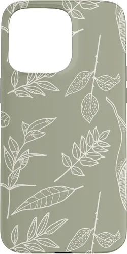 Vista 31 de Carcasa para iPhone 16, diseño de hojas y flores, color verde salvia