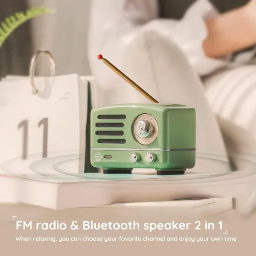 Vista 3 de Muzen Altavoz Bluetooth portátil, pequeño altavoz inalámbrico vintage de metal OTR, radio FM retro con antena AUX, audio estéreo de alta fidelidad
