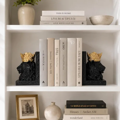 Vista 3 de Par de sujetalibros decorativos con cabeza de león negro de 7