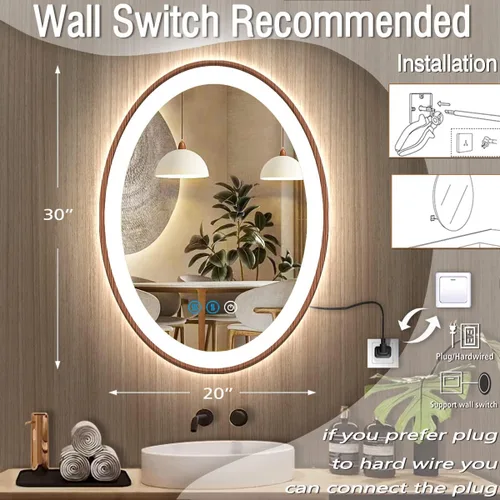 Vista 2 de Espejo de madera ovalado LED de 20 x 30 pulgadas con marco de madera clara, espejo de tocador iluminado ovalado con luces para baño, memoria 30 x 20