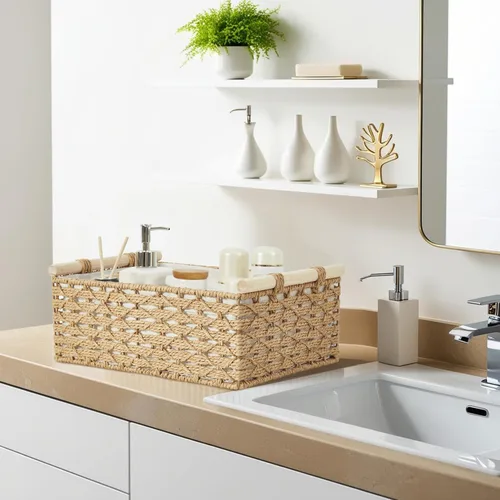 Vista 9 de DECOMOMO Cesta de almacenamiento de mimbre, cesta trasera del inodoro, organizador de baño, bandeja para tanque de inodoro, encimera, decoración