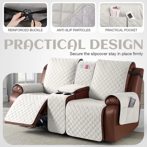 Vista 4 de KinCam Funda 100% Impermeable para Loveseat Reclinable con Consola, Fundas Antideslizantes para Sofá Reclinable de 2 Asientos, Funda para Sofá