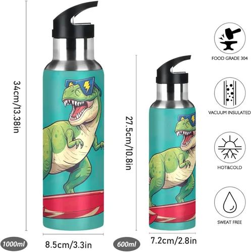 Vista 2 de BPA-Free Sports Water Bottle 20 Oz, Insulated Water Bottle for Gym Outdoor Travel School, Cool Green Rex Dinosaur Teal