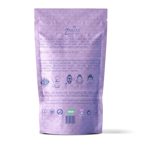 Vista 8 de Zakia's - Máscara de arcilla Rhassoul marroquí (lavanda) - Arcilla orgánica para rostro y cuerpo - Máscara de barro antienvejecimiento para piel