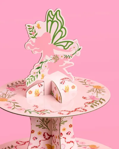 Vista 5 de xo, Fetti Garden Fairy Cupcake Tower, 3 niveles Decoraciones de fiesta de mariposa para niños, fiesta de té, cumpleaños, bosque de bosques, país