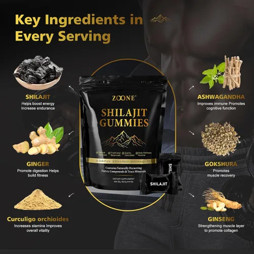 Vista 2 de Gomitas Shilajit naturales del Himalaya de 3000 mg, 75% de ácido fúlvico, más de 85 minerales traza, Shilajit para hombres y mujeres, resina