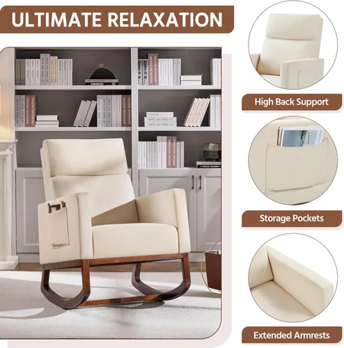 Vista 6 de Yaheetech Silla mecedora para sala de estar, silla deslizante tapizada con bolsillo lateral, silla decorativa moderna con respaldo alto cómodo Beige