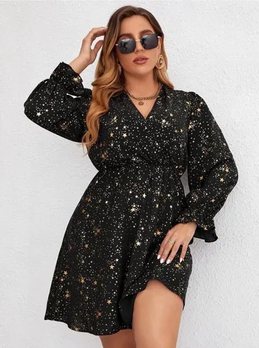 Vista 3 de Mycrushcity Womens Plus Size V Neck Flounce Long Sleeve Gold Galaxy Print Mini Dress