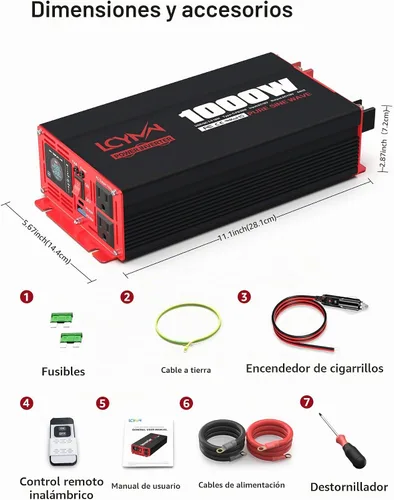 Vista 8 de Inversor de potencia de onda sinusoidal pura de 1000 vatios 12 V CC a 110 V 120 V CA convertidor para hogar, caravana, camión fuera de la red Rojo
