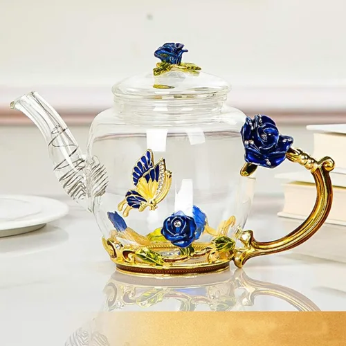 Vista 6 de Tetera creativa de cristal de flores para té de Kung Fu, buen regalo para hermana, mamá, abuela, profesores (rosa azul)