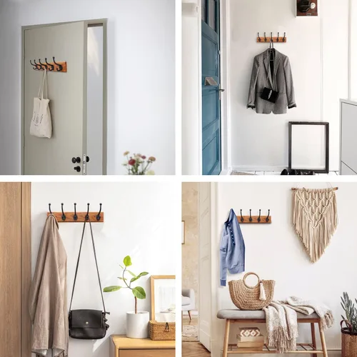 Vista 7 de Ganchos rústicos de hierro fundido para abrigos, ganchos de pared negros, perchero resistente con 5 ganchos de pared, madera de fresno