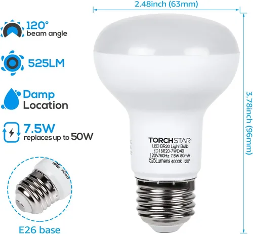 Vista 10 de TORCHSTAR Paquete de 8 bombillas LED BR20, luz de inundación para interiores R20, regulable, 7.5 W (50 W equivalente), UL y Energy Star, 3000 K