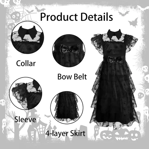Vista 2 de Vlinsha Wednesday Addams Costumes Dress for Girls Kids, Wednesday Costume Birthday Halloween Cosplay Party Dress With Belt