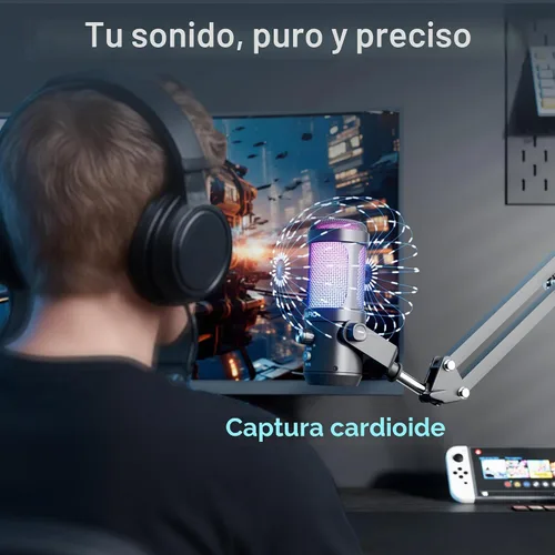 Vista 2 de JARO Micrófono USB para podcast con brazo de brazo, micrófono de condensador de estudio con monitoreo en tiempo real, silencio, control de volumen