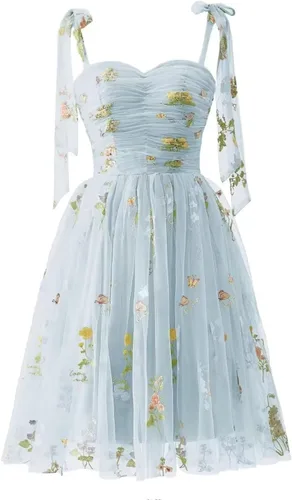 Vista 10 de Fivsole Vestido corto con bordado de flores para adolescentes, vestido de tul con tirantes delgados, mini formal, cóctel, fiesta de noche, vestidos