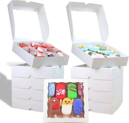 Vista 10 de RomanticBaking 15 cajas de panadería de 8 x 8 x 2 pulgadas con ventana, cajas de galletas cubiertas de chocolate, caja de fresas para panadería