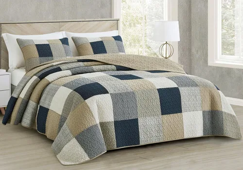 Vista 10 de Chezmoi Collection Caleb - Juego de edredón de 2 piezas con diseño floral a cuadros en gris apagado, blanco y marfil, rectangular, prelavado