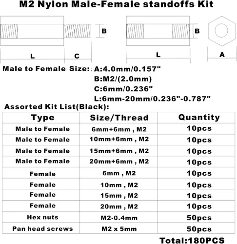 Vista 4 de M2 Nylon Hex Macho-Hembra Separadores Separadores Tornillo Tuerca Surtido Kit (Negro)