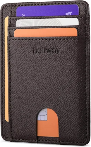 Vista 23 de Buffway Cartera delgada para hombres y mujeres, minimalista, pequeña, de cuero, con bolsillo frontal, con bloqueo RFID y caja de regalo, Pequeña