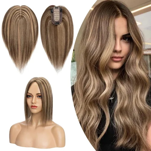 Vista 19 de Hairro Toppers de cabello humano 100% real para mujeres sin flequillo, postizos de cabello real con clip, base de seda transpirable para cubrir