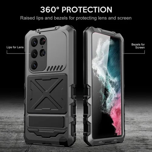 Vista 4 de Simicoo Samsung S23 Ultra - Funda de metal para parachoques, color negro, resistente Armor Defender con Gorilla Glass integrado, protección de grado