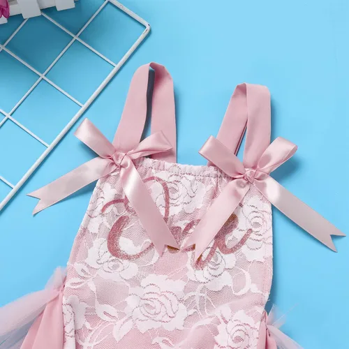 Vista 4 de ODASDO Conjunto de ropa de 2 piezas para bebé niña para primer cumpleaños con encaje y tutú de tul con diadema, conjunto de ropa de 2 piezas