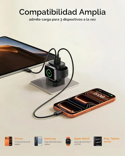 Vista 3 de VRURC Cargador para iPhone y Apple Watch, bloque de carga rápida USB C de 20 W, adaptador de viaje compacto 3 en 1 con 2 puertos para iPhone