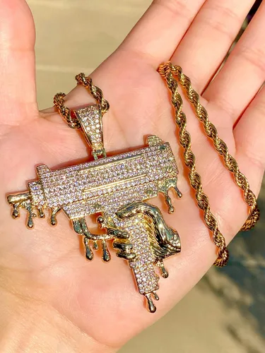 Vista 3 de Shop-iGold Custom Drip Gun Hombres Mujeres 925 Italia Oro Acabado Iced Charm Ice Out Colgante Acero Inoxidable Real 0.118in Cadena de cuerda, Mans