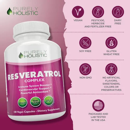Vista 6 de Purely Holistic Resveratrol 1450 mg, 90 porciones, suplemento antioxidante trans-resveratrol con vitamina C y complejo de polifenoles, 180 cápsulas