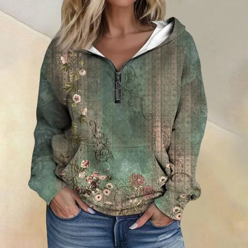 Vista 3 de FlekmanArt Sudaderas con capucha de manga larga para mujer, con bolsillos, media cremallera, para otoño e invierno