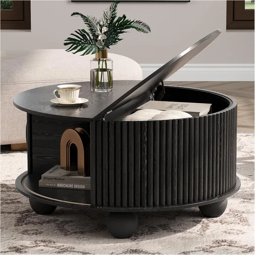 Vista 22 de Mesa de centro elevable con almacenamiento, mesa central negra de 32 pulgadas para sala de estar, mesa de comedor cuadrada con patas de madera maciza