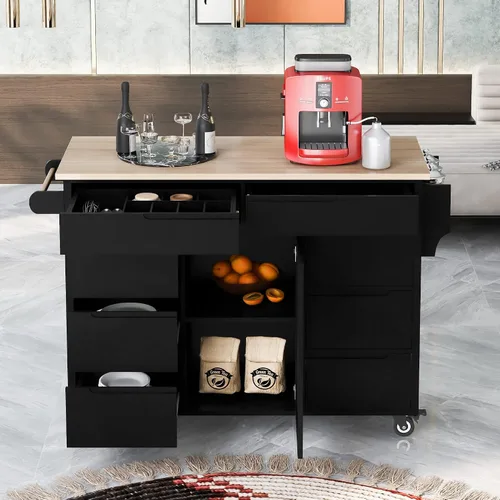 Vista 13 de Delicate Rolling Kitchen Island Cart with Rubber Wood Drop-Leaf Countertop and Lockable Rollers,Storage Cabinet and 2 Drawers,Sliding Barn Door