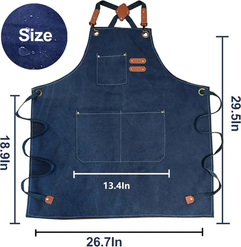 Vista 6 de Chef Aprons with Large Pockets for Women Men, Cotton Canvas Cross Back Water Repellent Work Apron with Adjustable Straps for Size M-XXL (Blue+Brown)