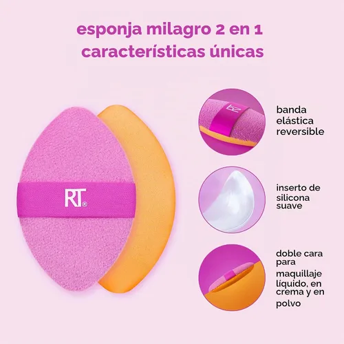Vista 5 de Real Techniques Esponja milagrosa para la piel + Polvo de maquillaje 2 en 1, esponja para mezclar maquillaje y polvo de doble cara, para líquidos