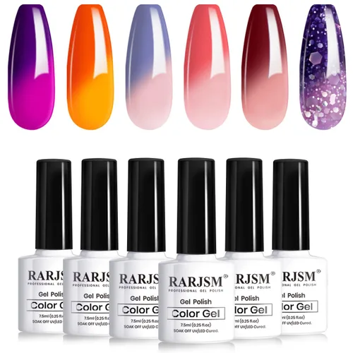 Vista 10 de RARJSM Juego de esmaltes de uñas de gel con purpurina reflectante, 6 colores brillantes plateados, champán, dorado, rosa, naranja, negro, rojo