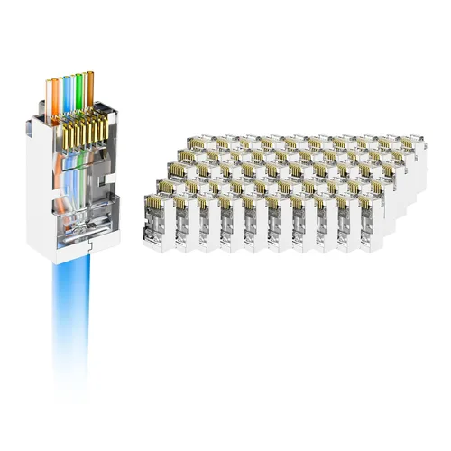 Vista 11 de Conector RJ45 blindado VCE Cat6 con funda de alivio de tensión, 25 unidades Fits 24-26AWG solid or stranded Cat6 STP/FTP cable 50 Pack Connectors
