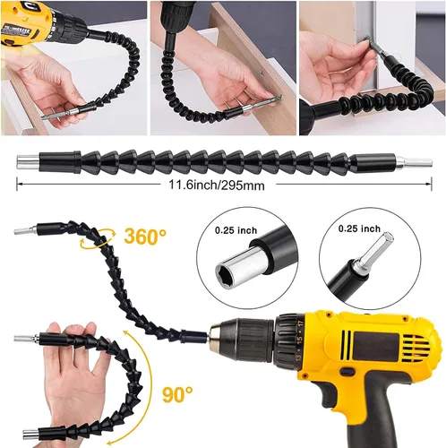 Vista 2 de Juego de extensión de broca flexible, 19 piezas, vástago hexagonal de 105°, accesorio de taladro en ángulo recto de 105°, extensión de soporte