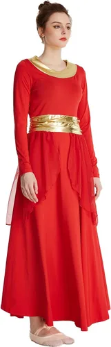 Vista 5 de MYRISAM Mujeres Alabanza Bata de Baile Culto Litúrgico Cintura Metálico Vestido de Manga Larga Falda de Gasa Traje Lírico