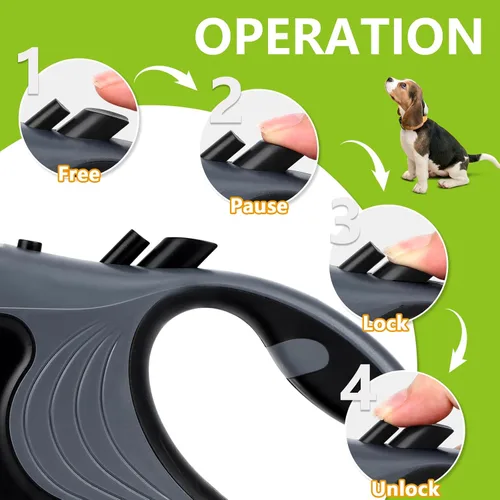 Vista 4 de Correa retráctil para perro con linterna, correa de paseo para perros de hasta 77 libras, correa de nailon sin enredos de 360°, mango Gris