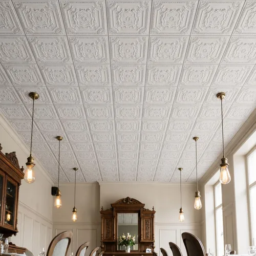 Vista 16 de De normal a hermoso en horas DCT04 Elizabethan Shield - Azulejos de PVC para techo de 2 x 2 pies (cubre 100 pies cuadrados), blanco negro antiguo