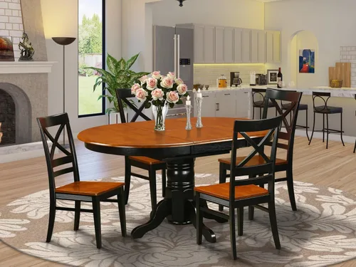 Vista 2 de East West Furniture AVQU5-BCH-W - Juego de comedor de 5 piezas para 4 personas, incluye una mesa de comedor ovalada con hojas de mariposa y 4 sillas
