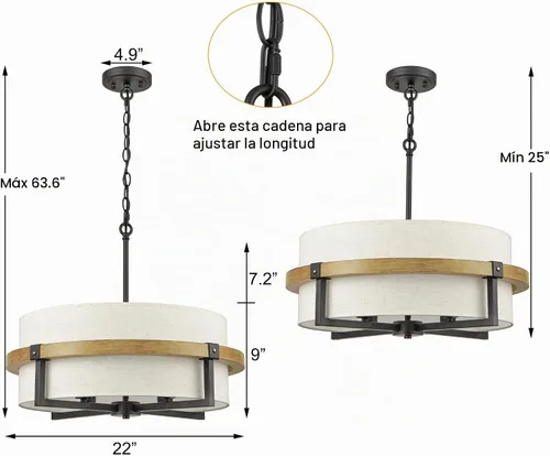Vista 5 de Candelabro de tambor rústico de 4 luces para comedor con pantalla de tela blanca rota