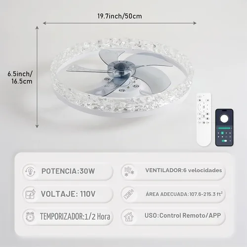 Vista 4 de FRIXCHUR Ventilador de techo de cristal blanco de 19.7 pulgadas con control remoto de luz de 6 velocidades Low Profile Ceiling Fans Dimmable LED