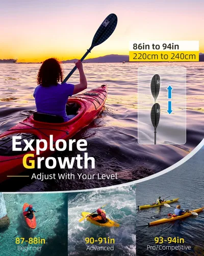 Vista 2 de Adjustable Carbon Fiber Kayak Paddle 86in/220cm to 94in/240cm Kayaking Oar for Adults with Paddle Leash 1 Paddle