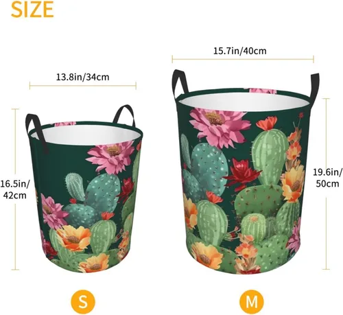 Vista 5 de Cesto circular con estampado floral de cactus, impermeable, cesta organizadora de lavandería, con asas, para ropa, juguetes, pequeña