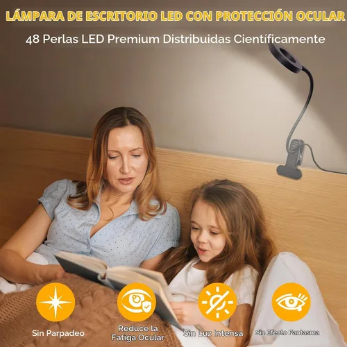Vista 2 de Foneso Lámpara de escritorio con clip, luz de 48 LED, USB, con 3 modos de color, 10 niveles de brillo, protección ocular, cuello de ganso flexible