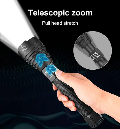 Vista 4 de Linterna recargable de alto lúmenes, linternas LED de mano súper brillantes, luz de flash USB C de alta potencia, 3 modos de zoom, impermeable