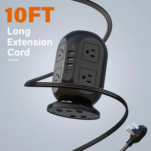Vista 4 de Regleta protectora de sobretensiones con 8 salidas de CA, 4 puertos USB (1 USB C), cable de extensión plano de 10 pies con múltiples tomas, estación