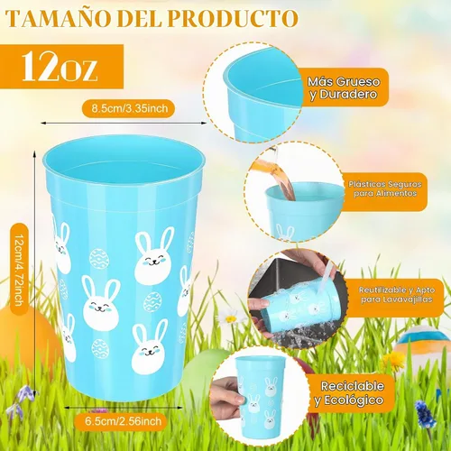 Vista 2 de Meanplan 60 vasos de plástico reutilizables de Pascua, vaso de fiesta de conejo, 12 onzas, tazas de café, café, decoración de Pascua, suministros
